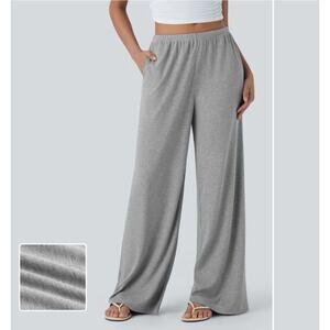 Halara High Stretch Ribbed Low Rise Draw String Wide Leg Flowy Pants With Pocket